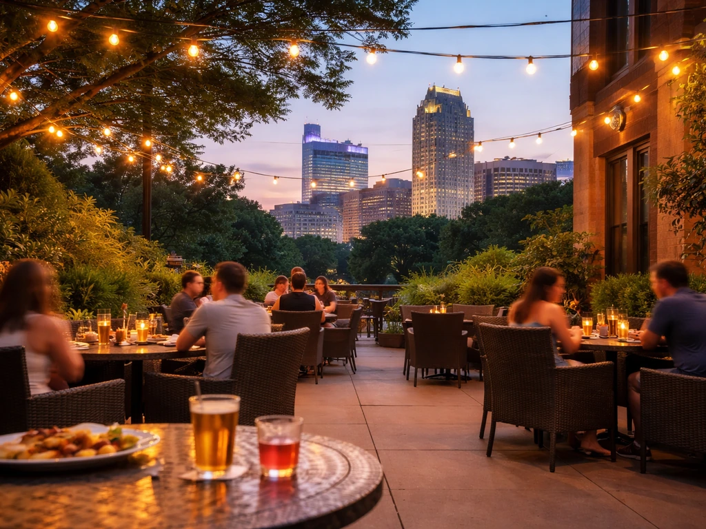 Lively patio dining with Raleigh skyline in the background at golden hour