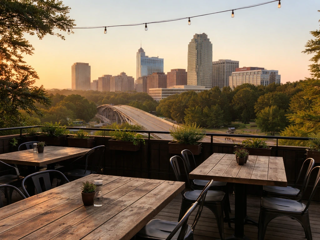 Rooftop patio view from Wye Hill with Boylan Bridge and downtown Raleigh skyline in the distance.