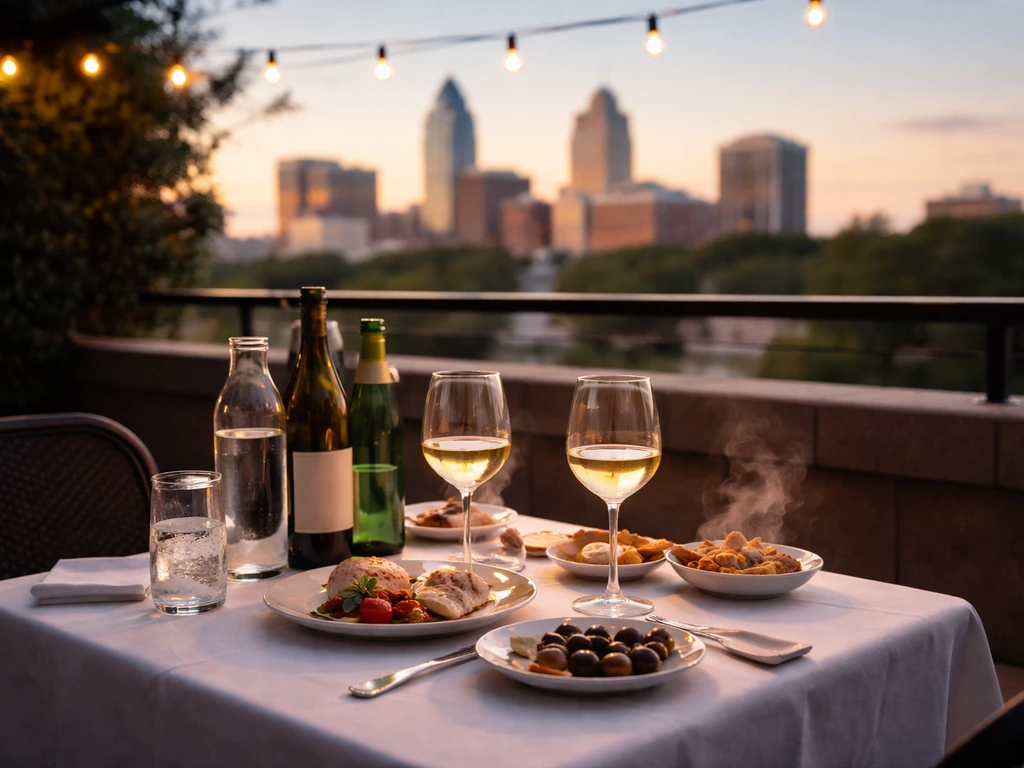 Rooftop patio dining at La Terrazza with Italian-style table settings and a glowing Raleigh skyline view.