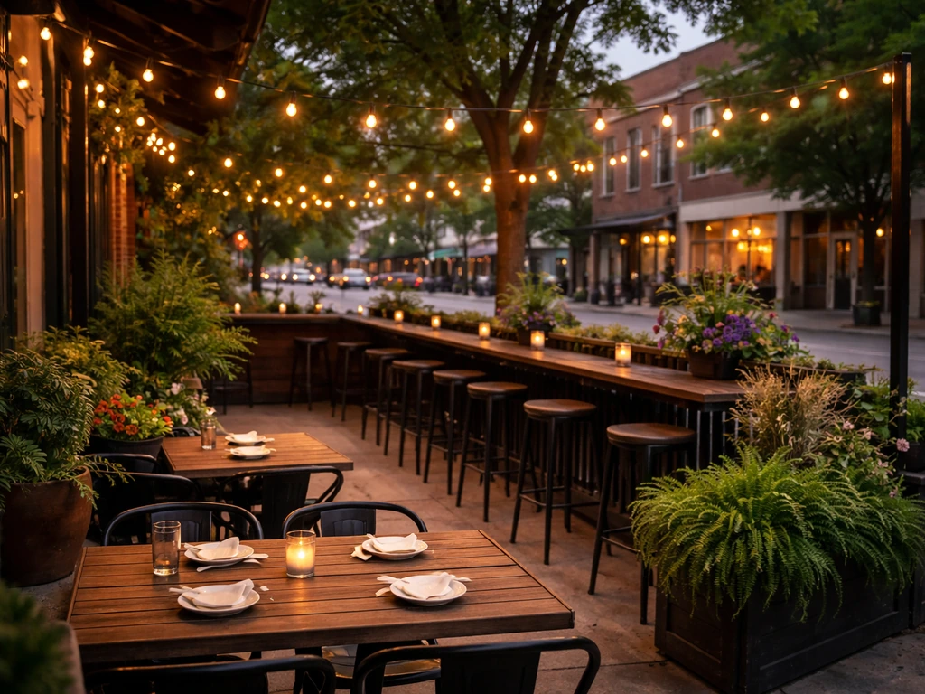 Street-facing Lansing outdoor patio dining and bar seating with warm lights and potted plants.