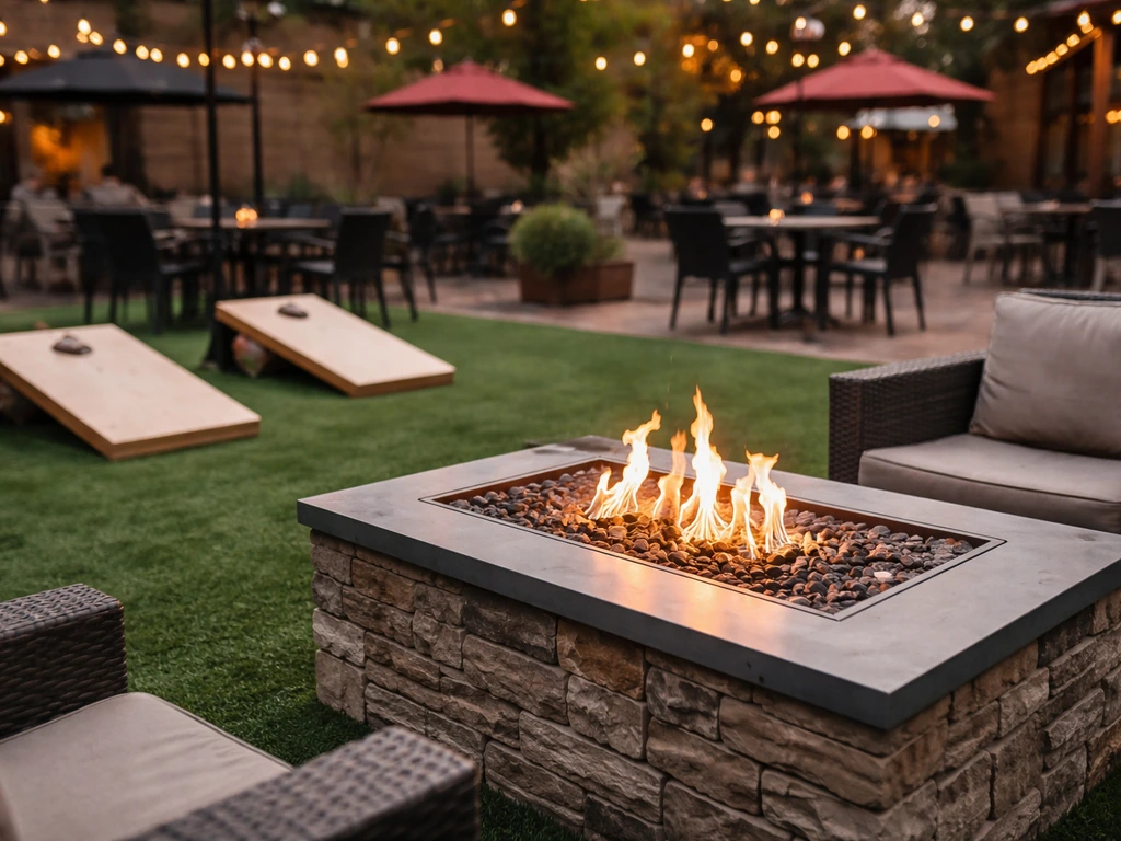 LBC patio with AstroTurf, a lit firepit, and cornhole games in Lansing, Michigan