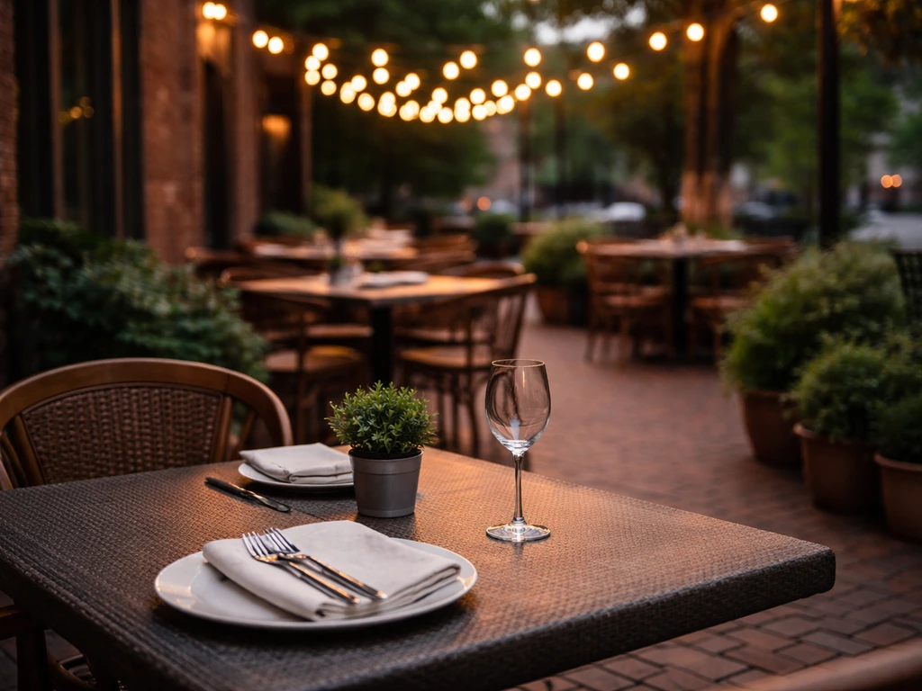 Upscale patio dining scene with neatly set tables under warm evening lights