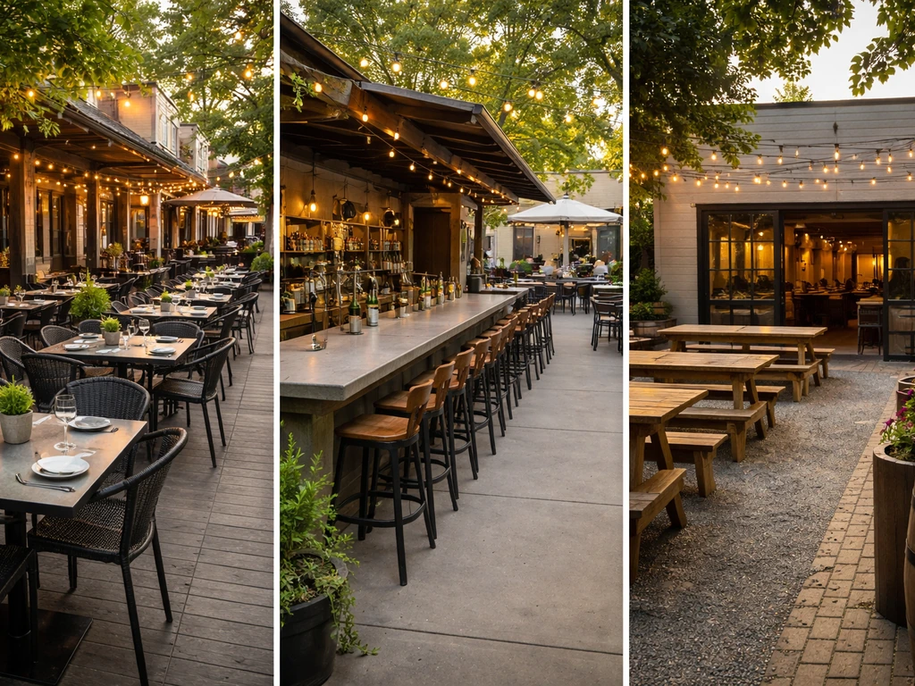 Three adjacent patios in Lansing—restaurant dining tables, bar seating, and a brewery-style outdoor area.