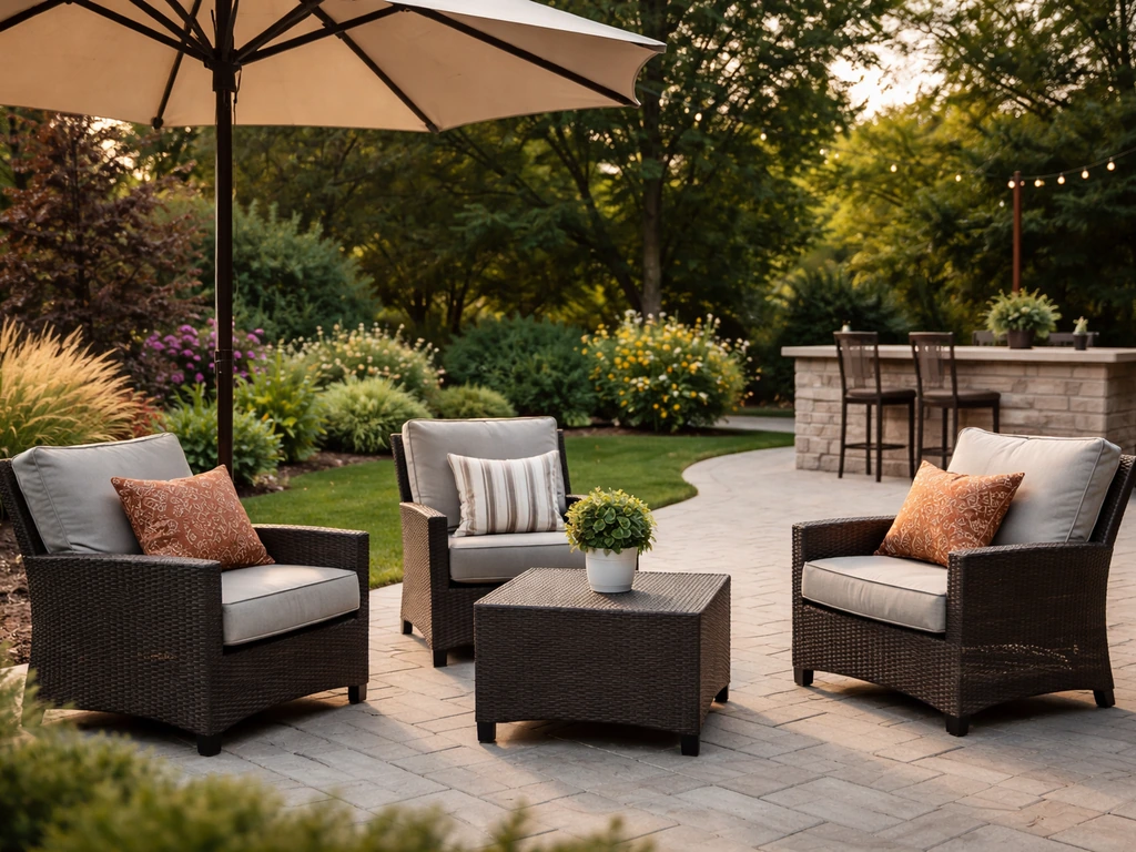 Minimal patio scene with umbrella shade, comfortable seating at a table, and a nearby outdoor bar counter.