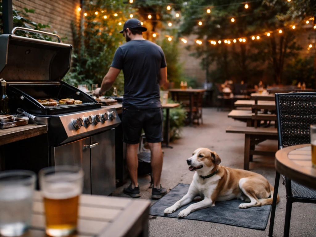 Cozy dog-friendly patio bar with an outdoor grill and a relaxed dog near simple patio tables.