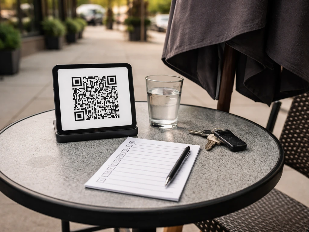 Close-up of a small Uptown patio table setting with a checklist-style pad, shade guide, and QR-style tablet