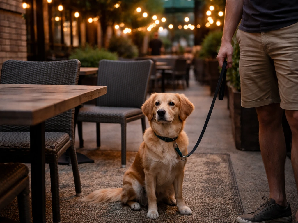 Leashed dog relaxing beside outdoor seating on a cozy Chicago patio in natural evening light.