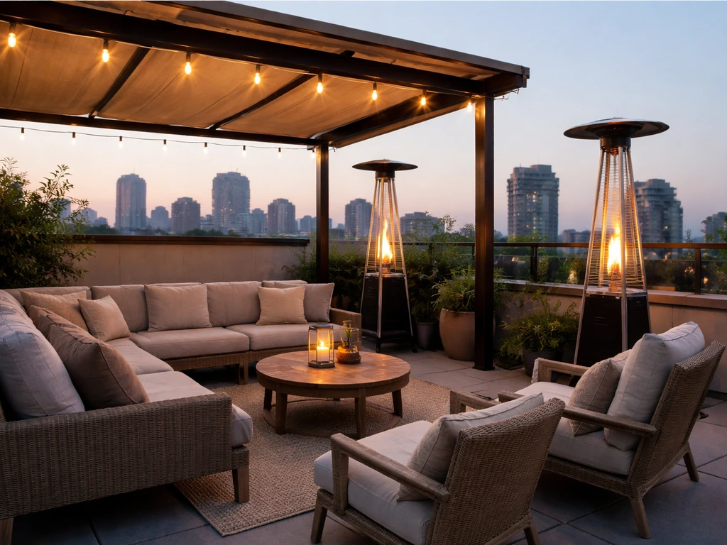 Rooftop patio with covered seating, warm heaters, and skyline view on a clear evening