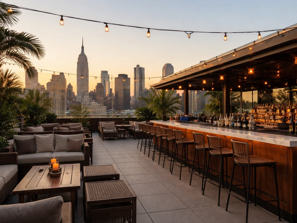 Warm golden-hour view of a stylish NYC rooftop patio and bar with skyline in the background.