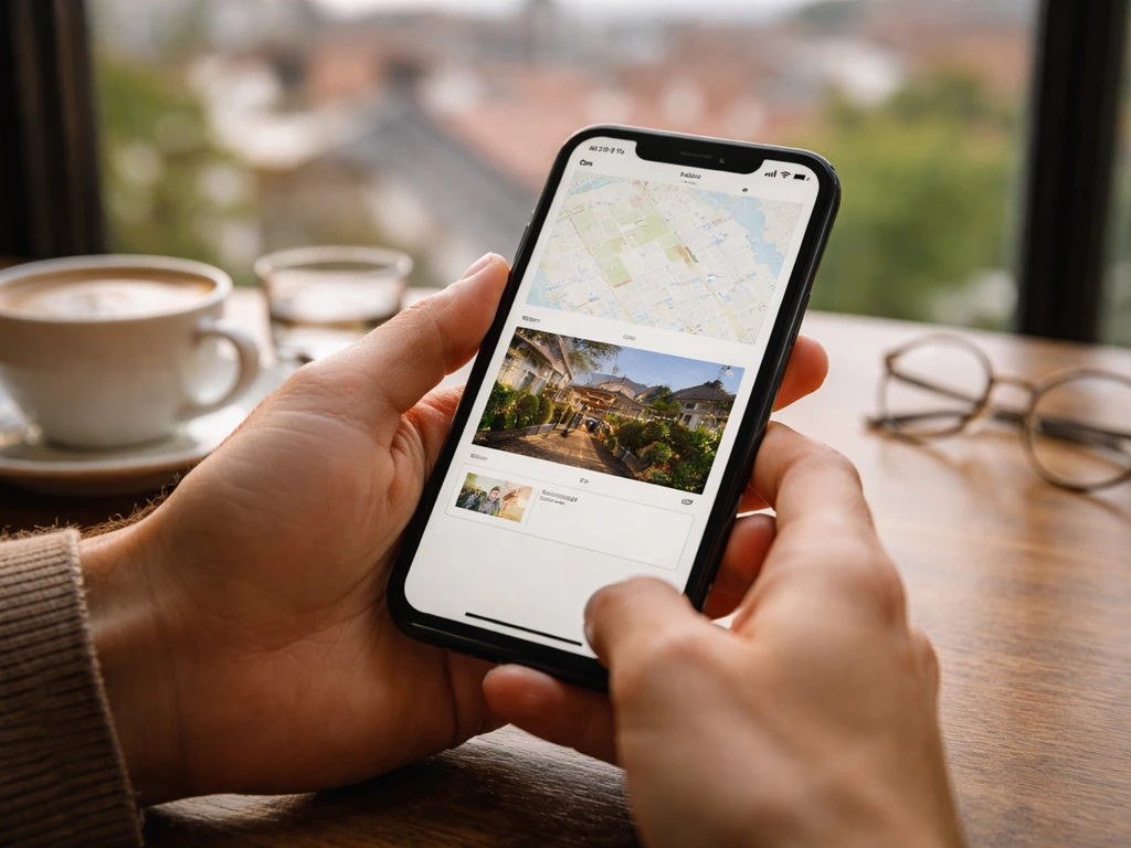 Close-up of hands using a smartphone to confirm a rooftop patio reservation via a map-style screen.