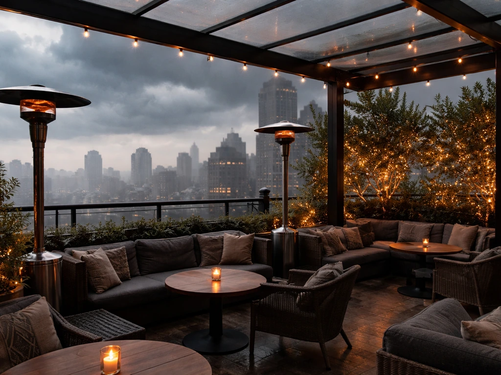 Covered rooftop seating with outdoor heaters under a dark stormy sky backdrop