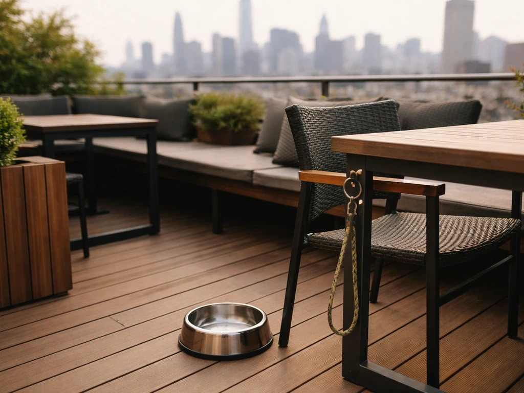 Dog-friendly rooftop patio with a water bowl on a small table and leash-ready seating in natural light.