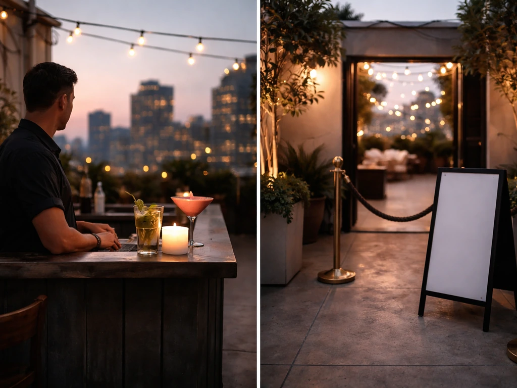 Split rooftop patio scene showing a low-cost drink-only vibe versus a paid cover-charge vibe