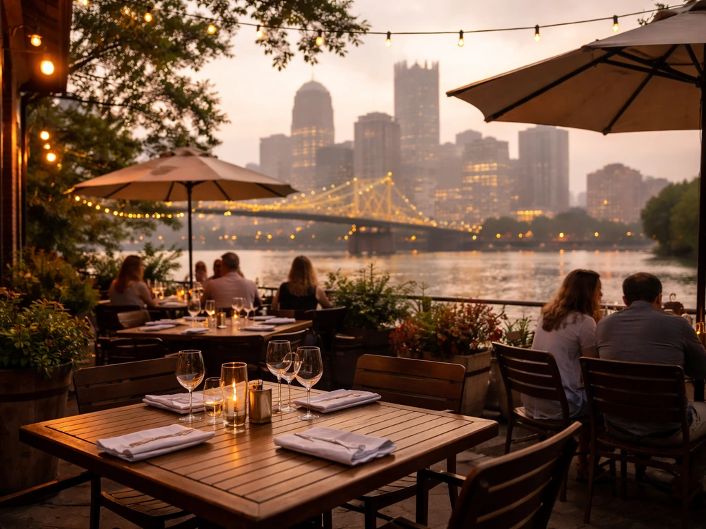 Wide Pittsburgh patio dining scene with umbrellas, outdoor tables, and skyline river ambiance