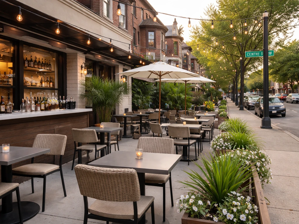 Palm Palm Shadyside outdoor patio on Centre Ave with seating, potted plants, and Pittsburgh street context.