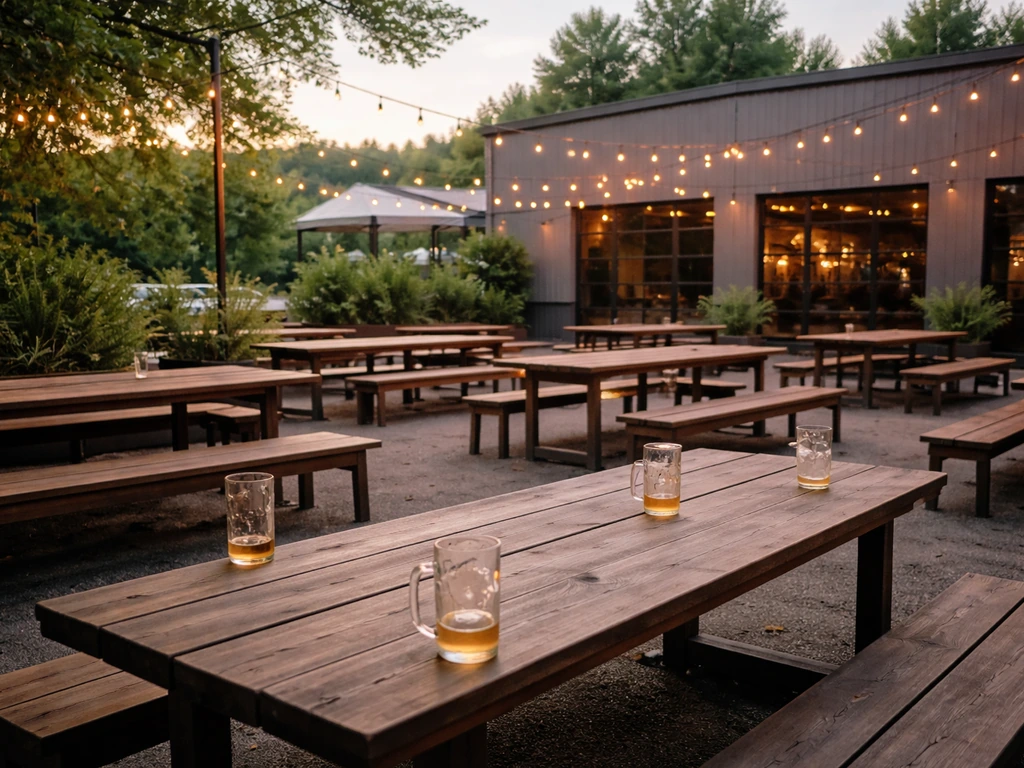 Group-friendly brewery patio with communal tables, warm string lights, and beer mugs at Grist House Command.