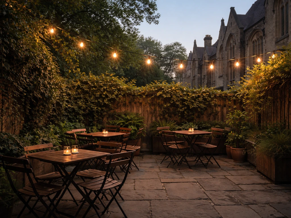 Warm evening view of an inviting Cambridge patio with tables, greenery, and soft string lights.