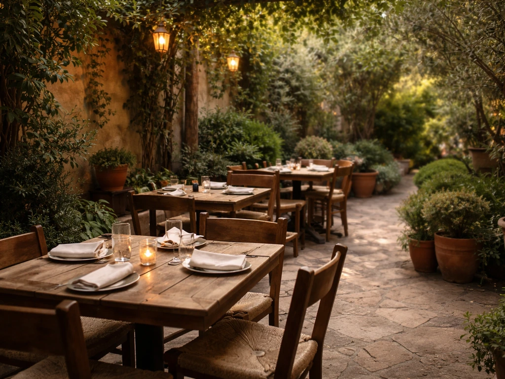 Lush Mediterranean garden patio with unoccupied tables and chairs at a Cambridge restaurant outdoors.