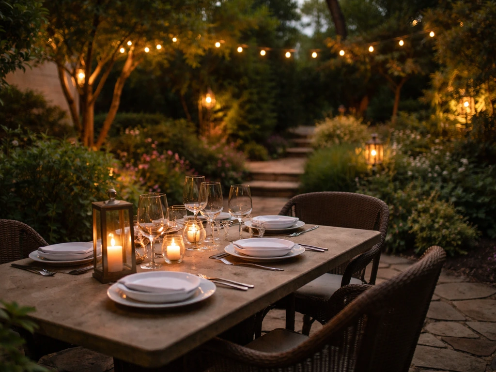 Evening view of Oleana-style upscale garden patio with well-set tables and warm ambient lights.