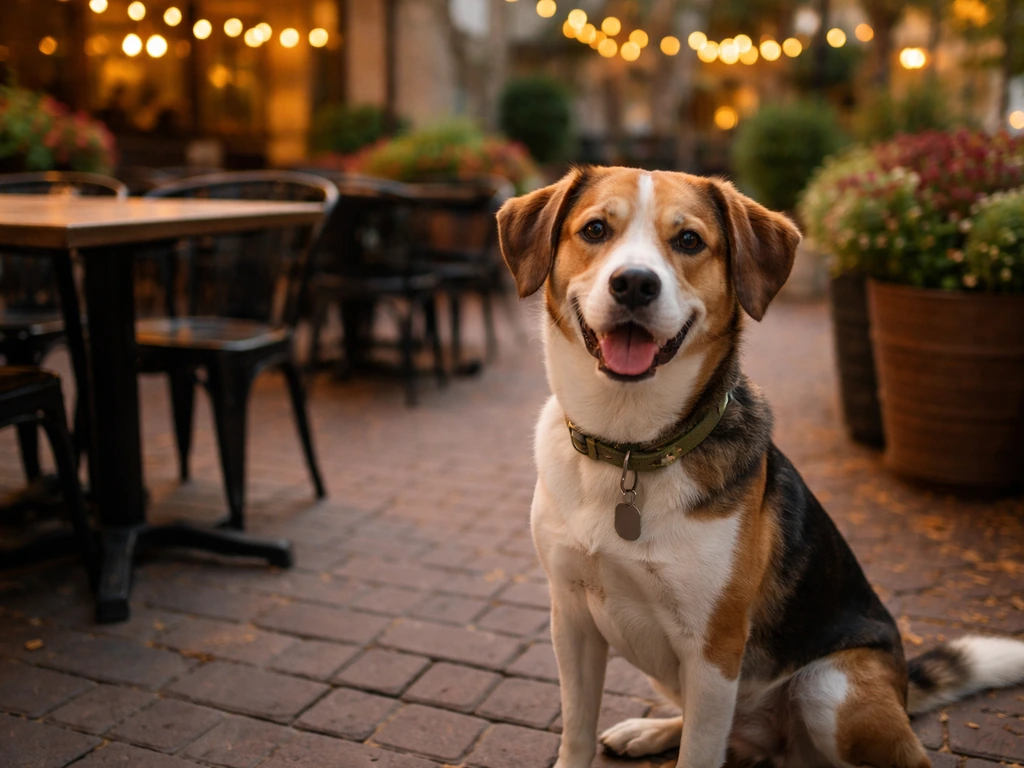A relaxed dog-friendly patio scene with a dog sitting by outdoor brewery seating in Cambridge.
