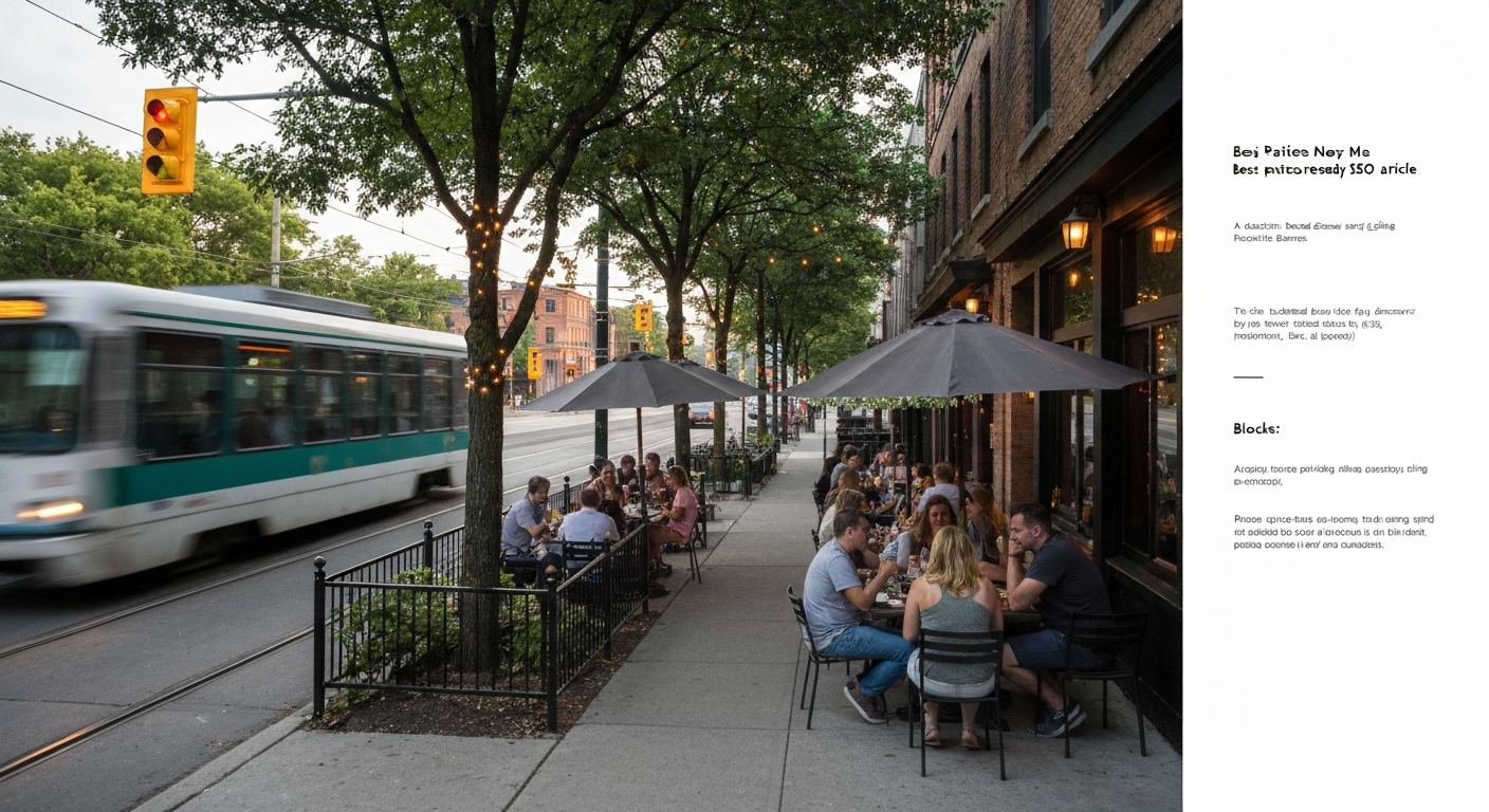 Leslieville patios on Queen Street East with outdoor seating, people, and a streetcar in the background.