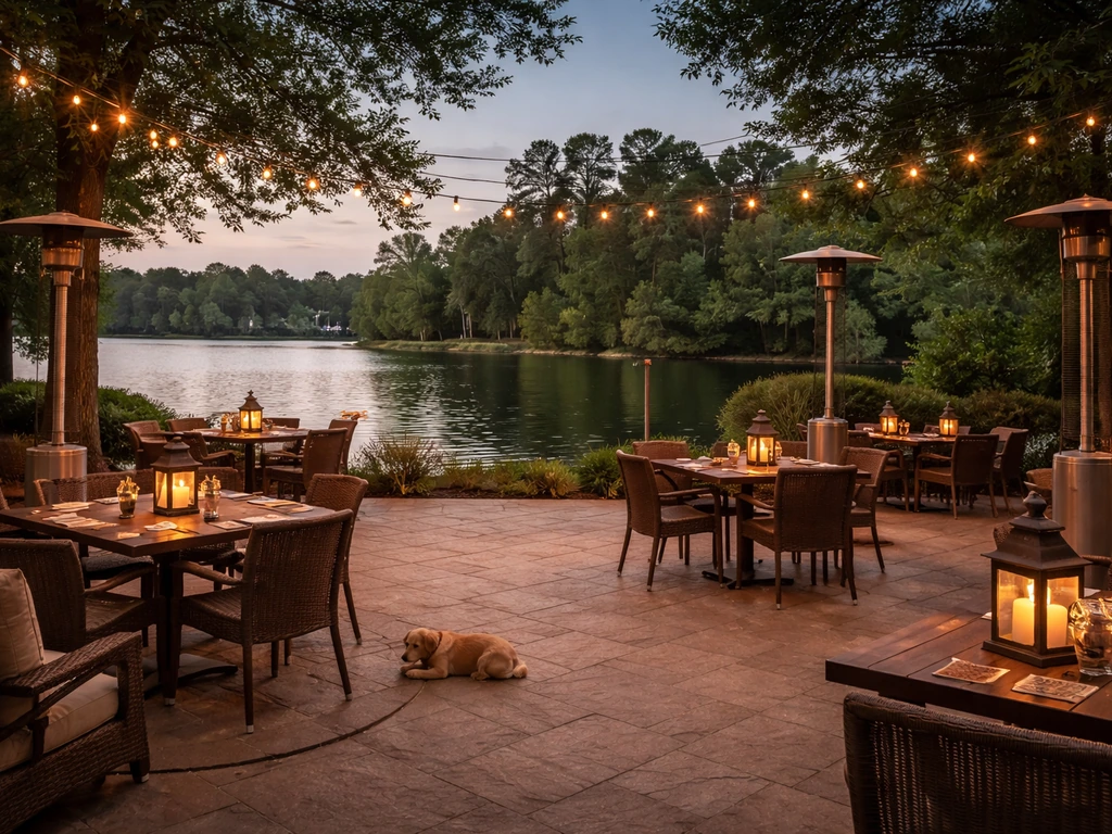 Wide view of a warmly lit Texas lakeside patio with outdoor tables and a calm, pet-friendly atmosphere.
