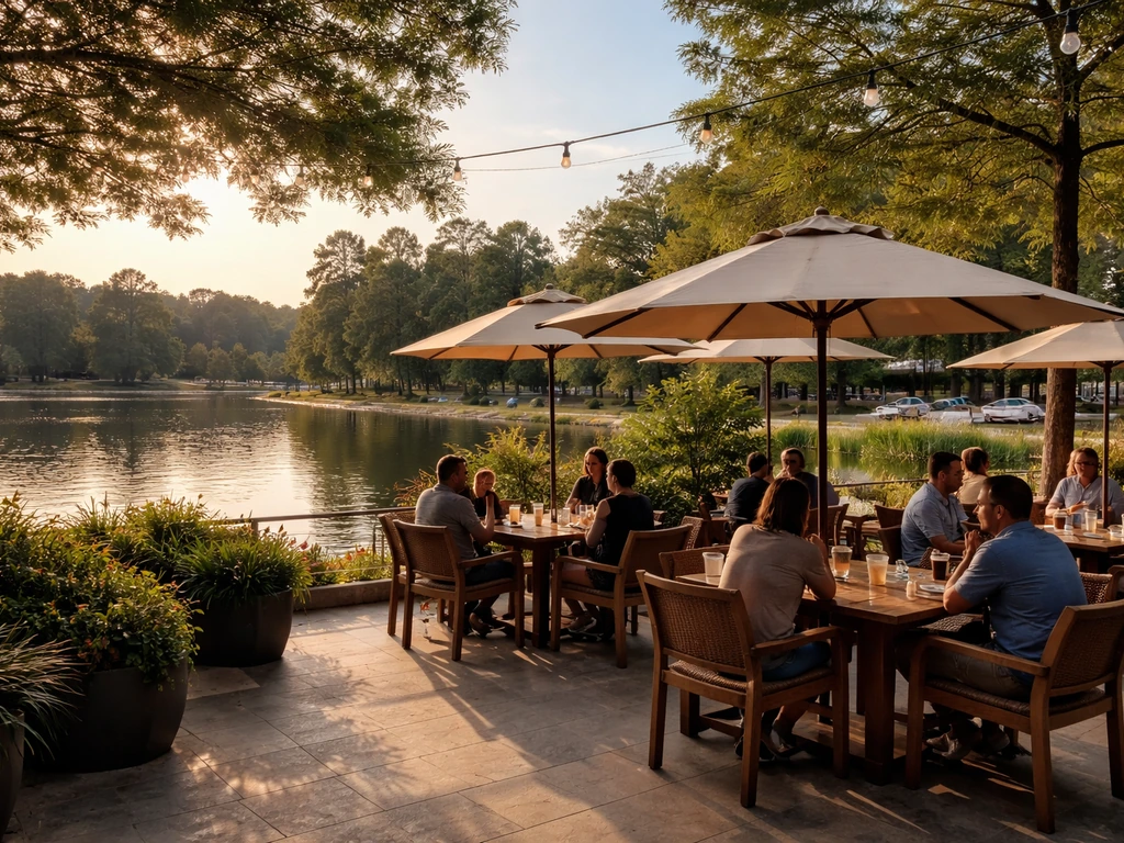 Lakeside patio dining at Hughes Landing with umbrellas and views over Lake Woodlands.