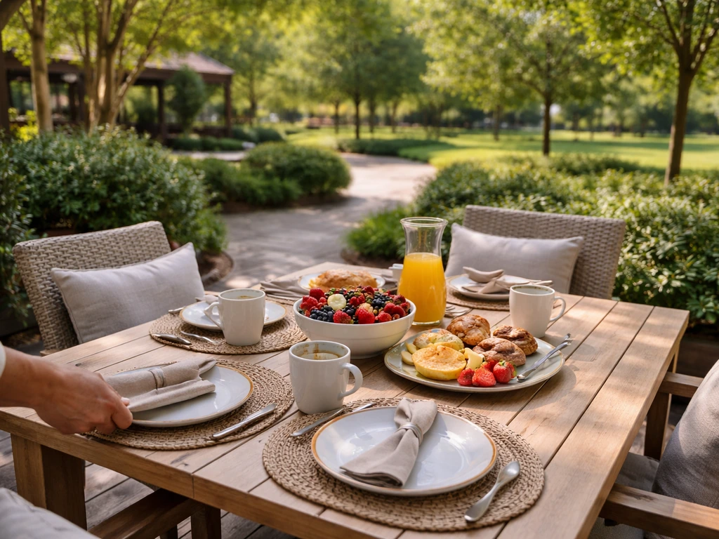 Brunch-ready outdoor patio table with greenery at a neighborhood park village green in The Woodlands.