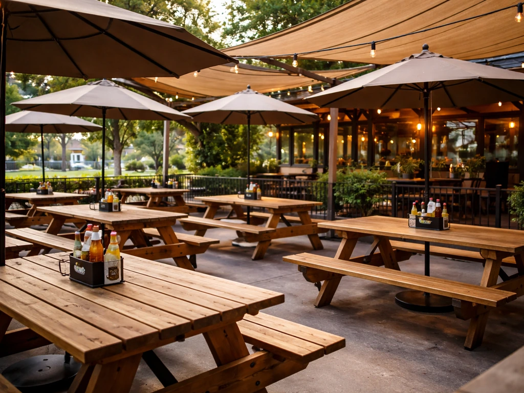 Casual bar-style patio with many picnic tables and shaded umbrellas at a restaurant in The Woodlands, Texas.