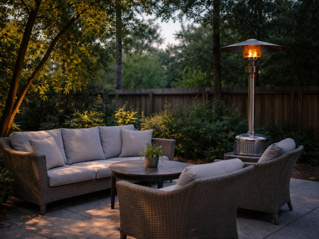 Cozy patio seating under partial shade with a small outdoor heater on a quiet evening.