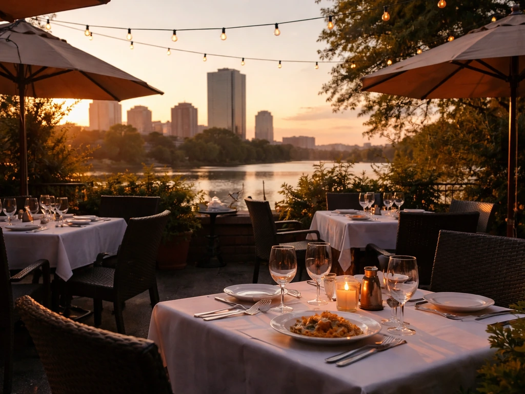 Golden-hour outdoor dining patio with warm lights and a view of Toledo’s skyline and river atmosphere.