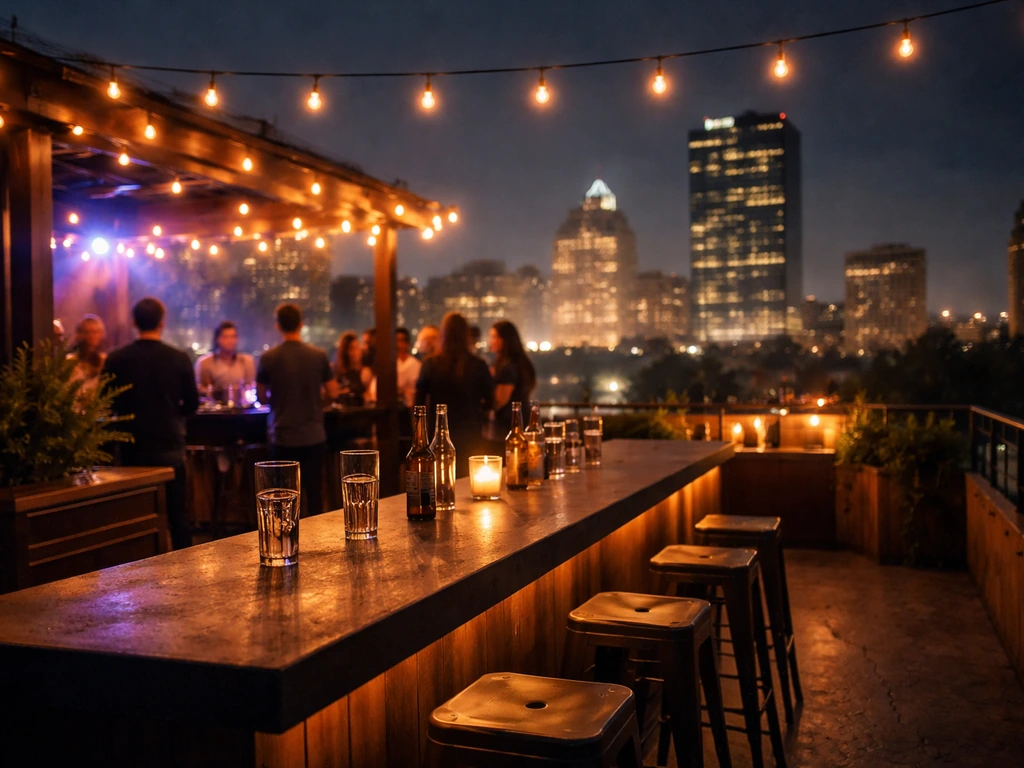 Rooftop patio at night with warm lights, skyline in the distance, and an optional DJ setup feel.