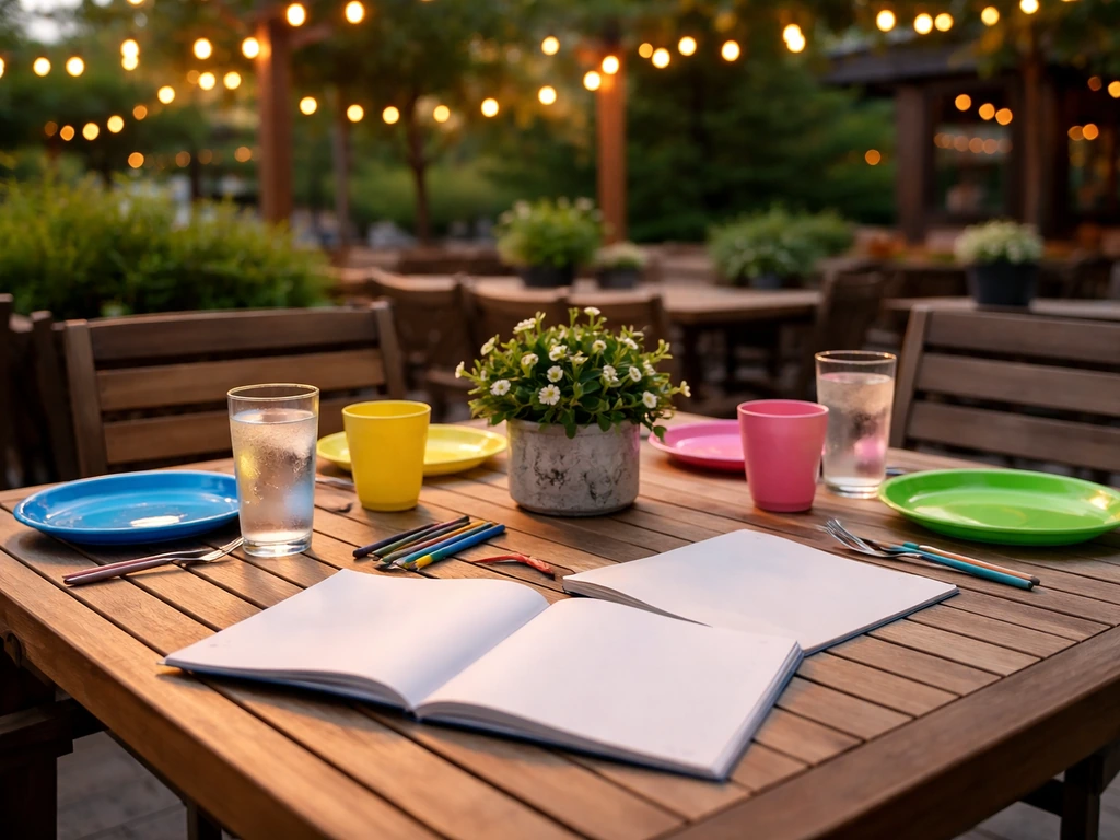 Kid-friendly restaurant patio table with colorful plates, crayons, and family dining atmosphere.