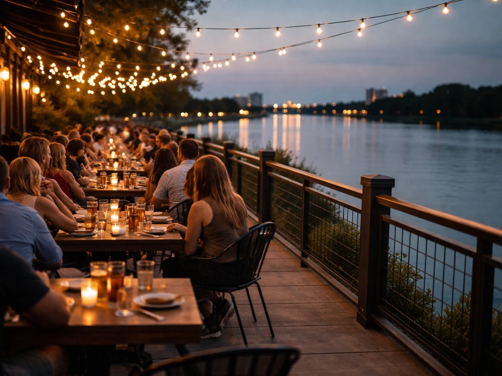 Diners seated at a riverfront patio along the Maumee River near Toledo’s riverwalk at dusk.