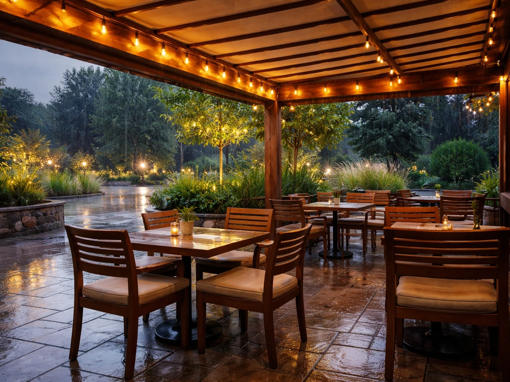 Covered patio seating under an awning with light rain beyond the shelter at a Toledo restaurant.