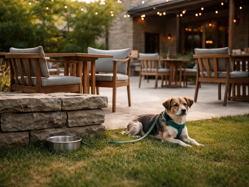Dog leashed beside outdoor brewery patio seating in a courtyard setting