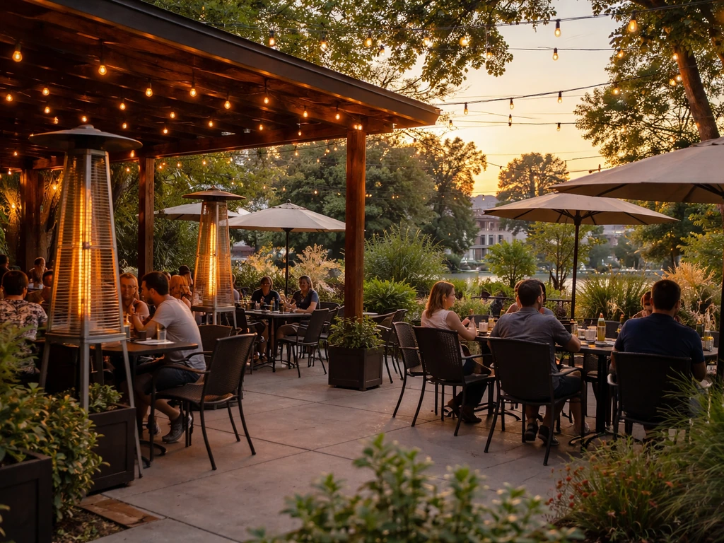 Golden-hour outdoor dining patio in Lakewood with umbrellas, heaters, and diners enjoying food.