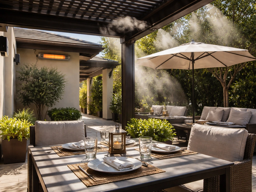 Shaded pergola patio dining setup with umbrella and outdoor heater/mister for weather protection