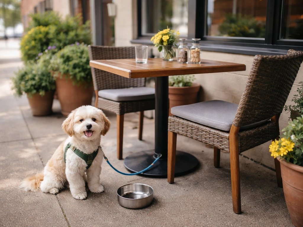 A calm dog-friendly outdoor patio with a small dog on a leash near empty restaurant seating