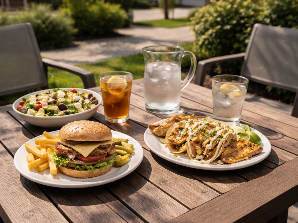 Outdoor patio lunch table with assorted plates and drinks in warm natural light