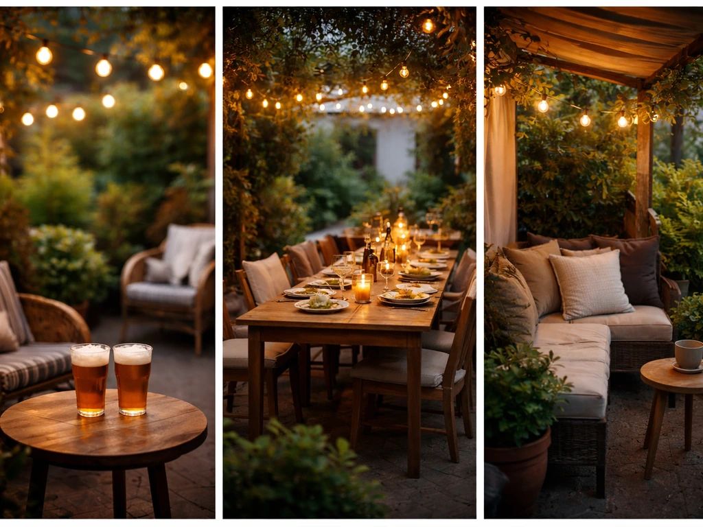 Outdoor patio with three vibe zones: casual beer table, lively group seating, and a quiet covered corner.