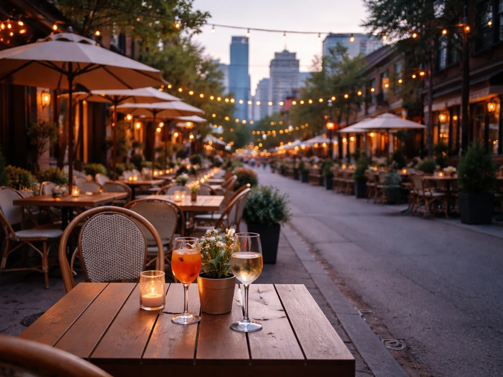 Warm dusk patio street on King/Queen West with string lights and inviting outdoor tables, no people.