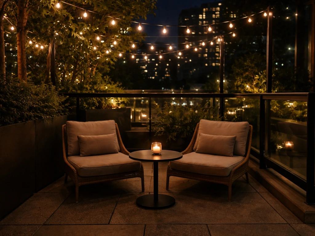 Warmly lit patio on King West with string lights overhead and romantic empty seating for two.