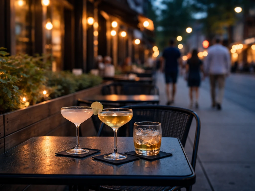 Outdoor patio table with cocktail glasses on Queen West, Toronto, with people passing in soft focus behind.