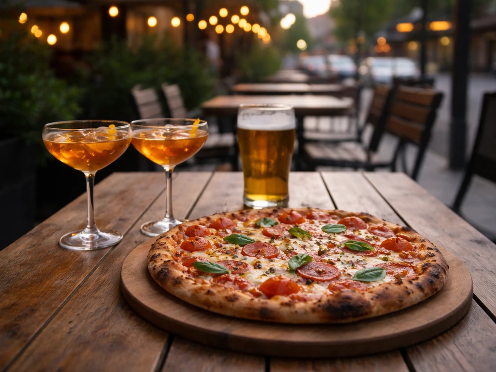 Wood-fired pizza and cocktails on a quiet patio table outside a Toronto restaurant on Queen West.