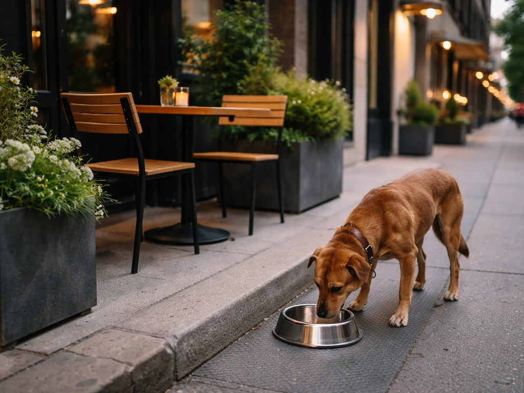 Dog-friendly patio at an upscale Toronto restaurant with a visible water bowl by a street-level entrance.