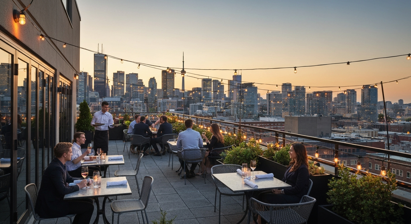 Rooftop patio at dusk with warm string lights, people dining, and Toronto skyline including the CN Tower in the background.