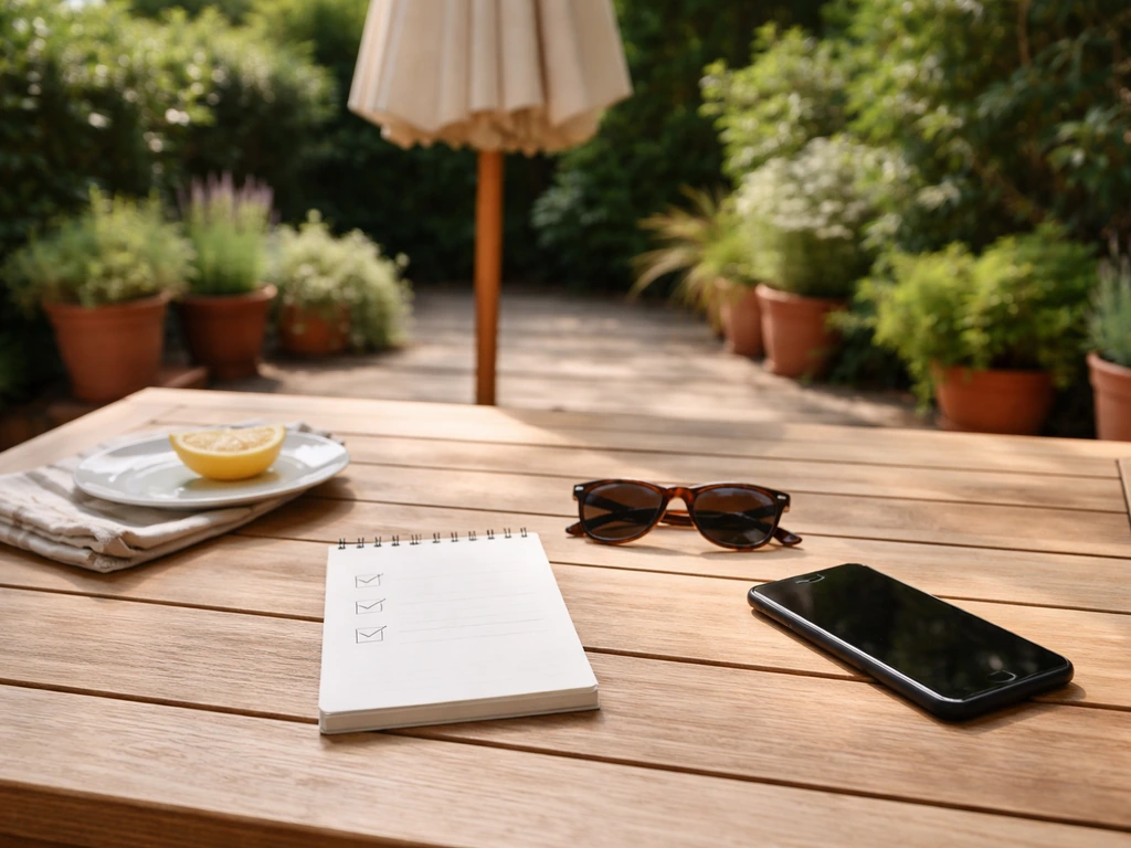 Outdoor patio table with sunglasses and a small umbrella beside a simple checklist-style notepad and phone.