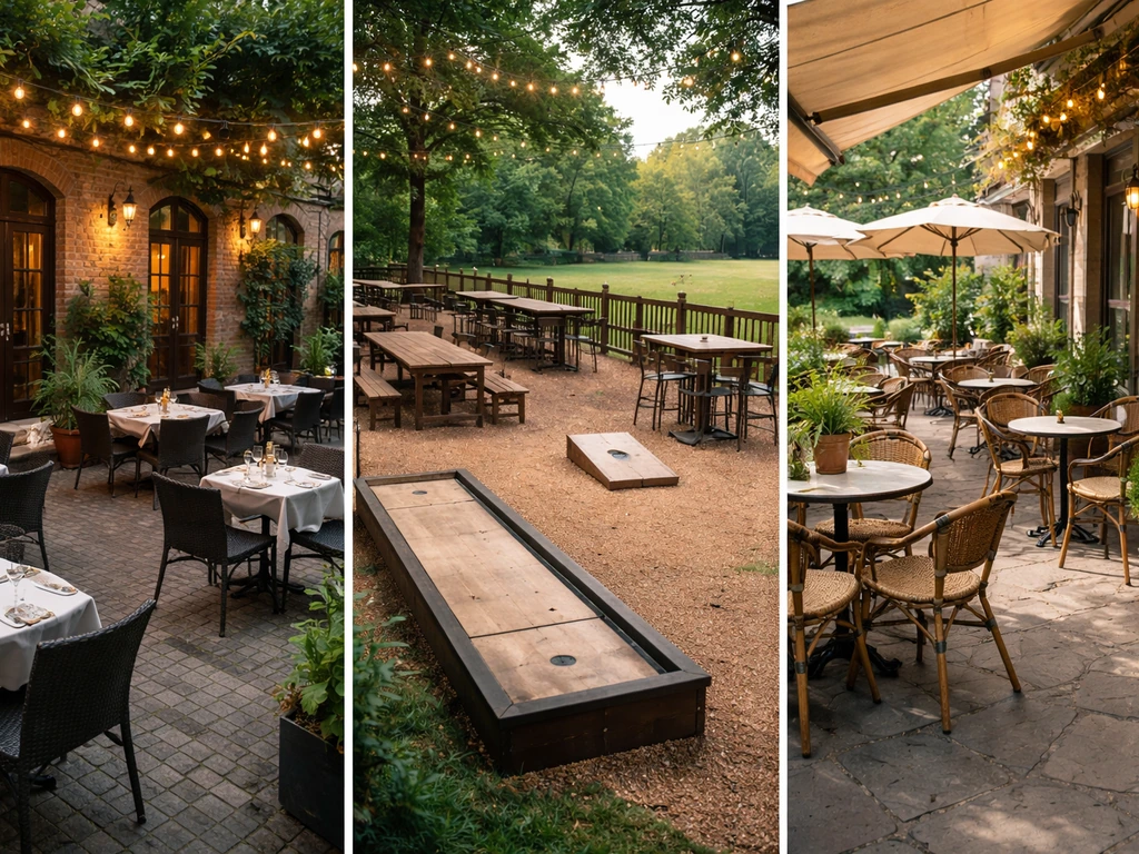 Three minimal patio scenes side-by-side: restaurant with individual tables, brewery with communal tables, and café with