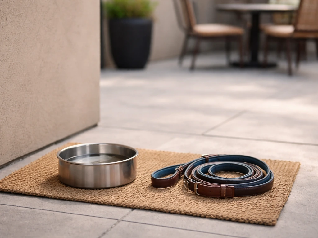 Dog water bowl on a patio entrance setup with a leash resting nearby
